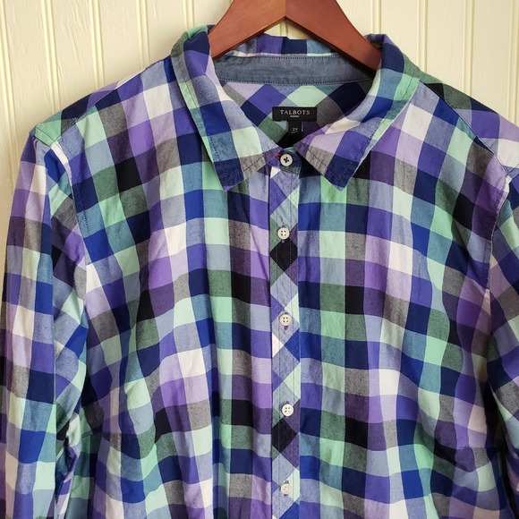 Talbots Tops - Talbots‎ Button Up Shirt Womens 2X Blue Green Plaid Long Sleeve Cotton Dragonfly